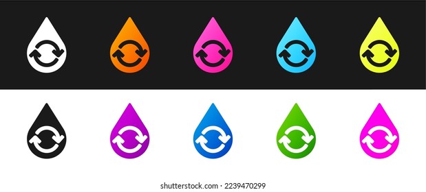Set Recycle clean aqua icon isolated on black and white background. Drop of water with sign recycling.  Vector Illustration