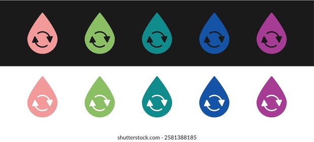 Set Recycle clean aqua icon isolated on black and white background. Drop of water with sign recycling.  Vector