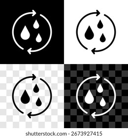 Conjunto Recicla el icono de agua limpia aislado en blanco y negro, fondo transparente. Gota de agua con letrero de reciclaje.  Vector