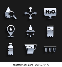Set Recycle clean aqua, Jug glass with water, Water filter, cartridge, Bottle of, drop location, Chemical formula for H2O and Drop and magnifying icon. Vector