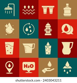 Set Recycle clean aqua, Jug glass with water, Water drop, filter, Shower and Fire hydrant icon. Vector