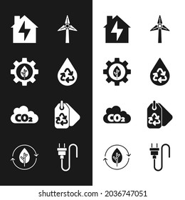 Set Recycle clean aqua, Leaf plant in gear machine, House and lightning, Wind turbine, CO2 emissions cloud, Tag with recycle, Electric plug and leaf icon. Vector