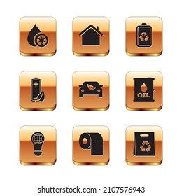 Set Recycle clean aqua, Light bulb with world globe, Toilet paper roll, Eco car drive leaf, nature and battery, Battery recycle, Shopping bag and House icon. Vector