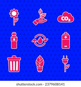 Set Recycle clean aqua, Light bulb with leaf, Electric saving plug in, Battery, Trash can, Bottle of water, CO2 emissions cloud and Leaf plant gear machine icon. Vector