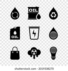 Set Recycle clean aqua, Oil barrel, Shopping bag, Acid rain and radioactive cloud, Light bulb with world globe, Canister machine oil and Lightning trash can icon. Vector