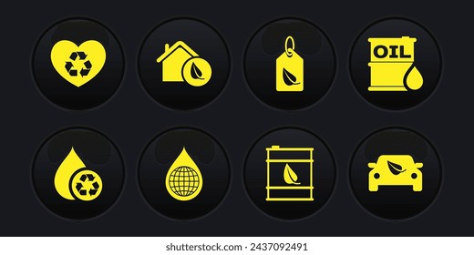Set Recycle clean aqua, Oil barrel, Earth planet in water drop, Bio fuel, Tag with leaf, Eco friendly house, car drive and heart icon. Vector