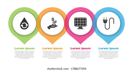 Set Recycle clean aqua, Plant in hand, Solar energy panel and Electric plug. Business infographic template. Vector