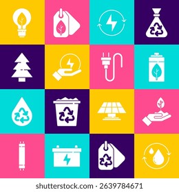 Set Recycle clean aqua, Plant in hand, Eco nature leaf battery, Lightning bolt, Christmas tree, bulb with and Electric plug icon. Vector