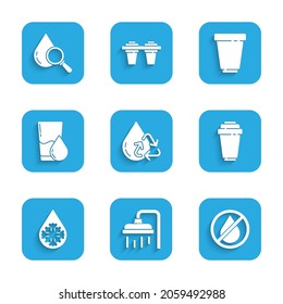 Set Recycle clean aqua, Shower head, Water drop forbidden, filter cartridge, Defrosting, Glass with water,  and Drop and magnifying glass icon. Vector