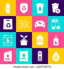 Set Recycle clean aqua, Tag with leaf, Battery, Send to the trash, Radioactive waste in barrel, Shopping bag recycle,  and Eco car drive icon. Vector