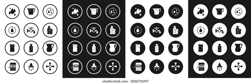 Ajuste Reciclar agua limpia, grifo de agua, gota, Botella de agua con vidrio, Jug y el icono del cartucho de filtro. Vector