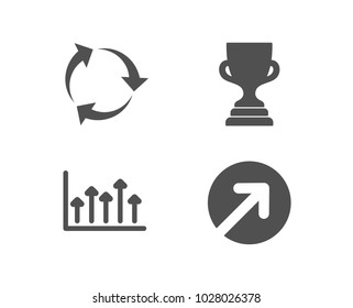 Set of Recycle, Growth chart and Award cup icons. Direction sign. Recycling waste, Upper arrows, Trophy. Navigation pointer.  Quality design elements. Classic style. Vector