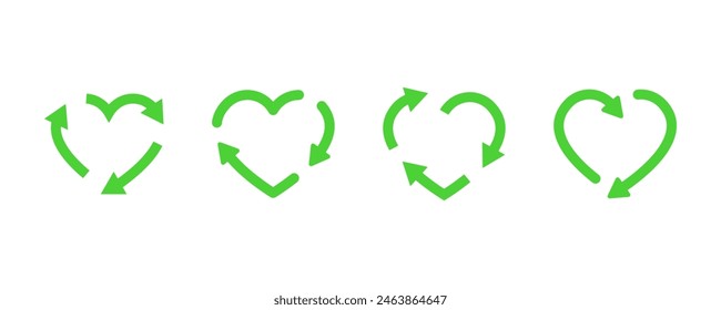 Set of recycle heart symbols. Green heart with circulation arrows.