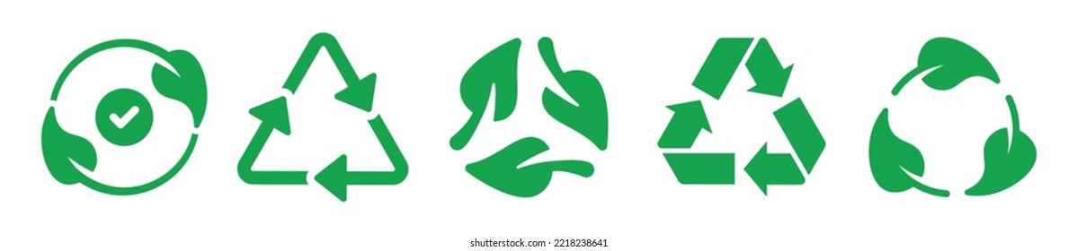 Set recycle icon sign. Green leaf recycling symbol. Ecology icon collection. Vector illustration.