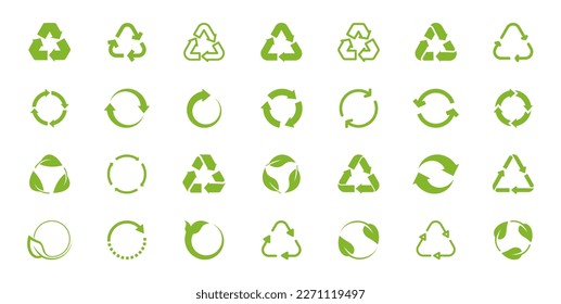 Juego de iconos de reciclaje. Símbolo de reciclaje. Icono de reciclaje. Paquete de flecha de rotación. Reutilizar el ciclo. Iconos ecológicos vectores para productos de embalaje.