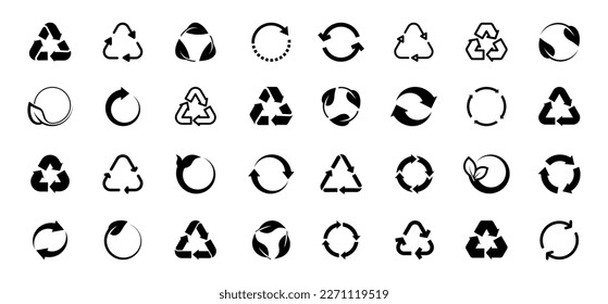 Juego de iconos de reciclaje. Símbolo de reciclaje. Icono de reciclaje. Paquete de flecha de rotación. Reutilizar el ciclo. Iconos ecológicos vectores para productos de embalaje.