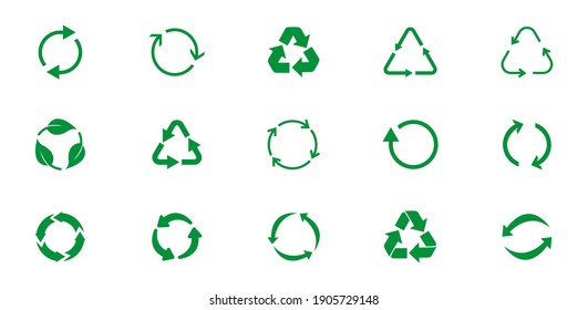 Set of recycle icon symbol vector. Recycling and rotation arrow icon pack. Ecology, cleanliness and recycling symbol. Green arrows recycle, means using recycled resources, recycling. Bio recycling.