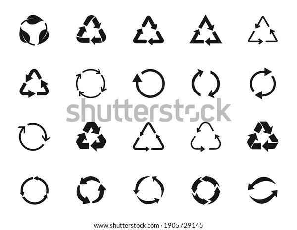 Set of recycle icon symbol vector. Recycling\
and rotation arrow icon pack. Ecology, cleanliness and recycling\
symbol. Black arrows recycle, means using recycled resources,\
recycling. Bio recycling.