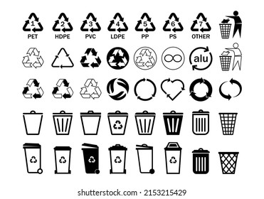 Set recycle icons sign.Recycling.Trash can icon.Black icons for packaging , recycling,ecology, eco friendly, environmental management symbols.