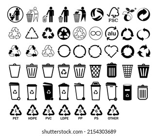 Set recycle icons sign.Recycling.Trash can icon.Black icons for packaging , recycling,ecology, eco friendly, environmental management symbols.