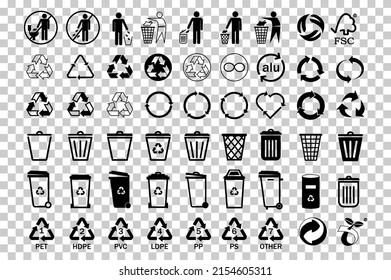 Fijar el signo de los iconos de reciclaje.Reciclaje.Icono de la basura.Iconos de empaque.Iconos negros para el empaquetado, reciclado, ecología, ecología, ecología y símbolos de gestión ambiental