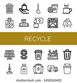 Set of recycle icons such as Delete, Reuse, Handle with care, Coffee cup, Mop, Paper cup, Compost, Warming, Renewable energy, Ecology, Rubbish, Garbage bin, Waste, Geothermal energy , recycle