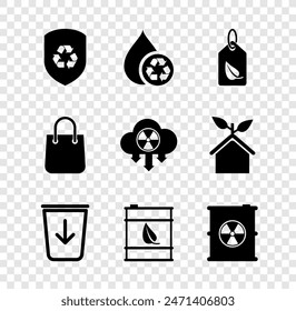 Set Recycle inside shield, clean aqua, Tag with leaf, Send to the trash, Bio fuel barrel, Radioactive waste, Shopping bag and Acid rain and radioactive cloud icon. Vector