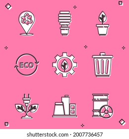 Set Recycle, LED light bulb, Plant in pot, Label for eco healthy food, Leaf plant gear machine, Trash can, Electric saving plug leaf and Factory icon. Vector