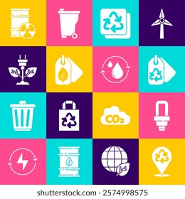 Set Recycle, LED light bulb, Tag with recycle, leaf, Electric saving plug in, Radioactive waste barrel and clean aqua icon. Vector