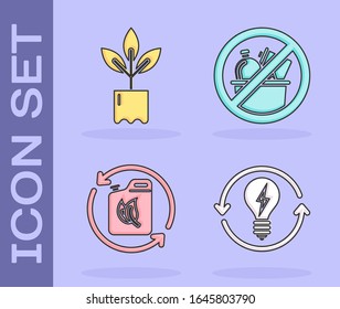 Die Wiederverwertung und die Glühbirne mit dem Blitzsymbol, Flaschenpflanze, Biokraftstoffbehälter und Mülleimer-Symbol einstellen. Vektorillustration
