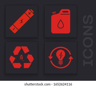 Set Recycle and light bulb with lightning symbol, Battery, Canister for gasoline and Recycle symbol and leaf icon. Vector