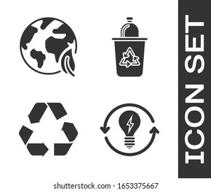Set Recycle and light bulb with lightning symbol, Earth globe and leaf, Recycle symbol and Recycle bin with recycle symbol icon. Vector