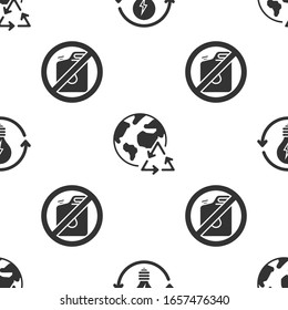 Set Recycle and light bulb with lightning symbol, Planet earth and a recycling and No canister for gasoline on seamless pattern. Vector