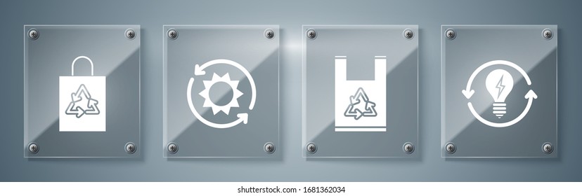 Set Recycle and light bulb with lightning symbol, Plastic bag with recycle, Solar energy panel and Plastic bag with recycle. Square glass panels. Vector