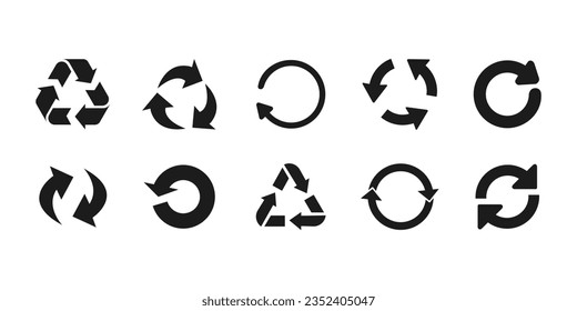 set recycle sign icon solid black siolated on white background.