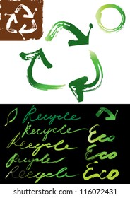 Set of recycle signs and inscriptions. Original brush.