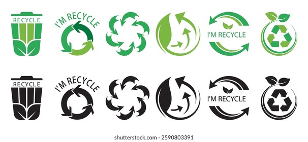Set of recycle symbol in black and green isolated on transparent background. Vector illustration.