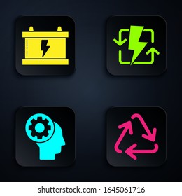 Set Recycle symbol, Car battery, Human head with gear inside and Recharging. Black square button. Vector