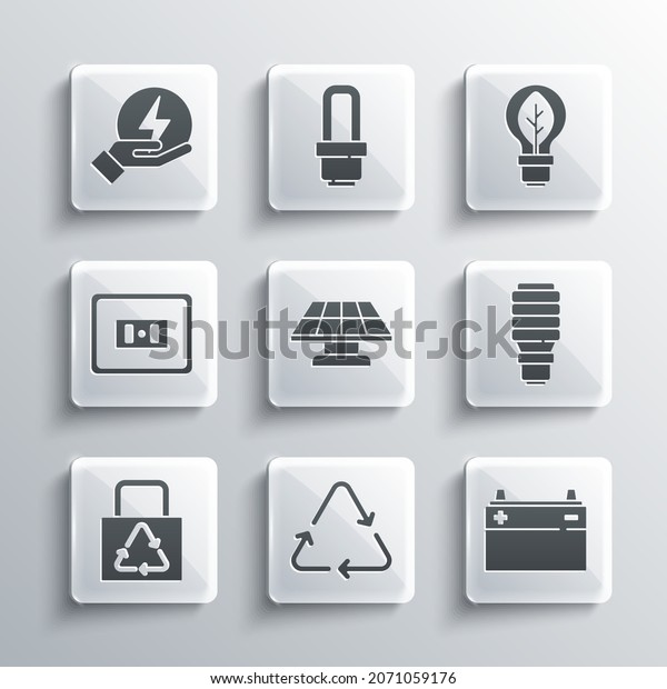 Set Recycle symbol, Car battery, LED light\
bulb, Solar energy panel, Paper bag with recycle, Electrical\
outlet, Lightning bolt and leaf icon.\
Vector