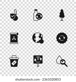 Set Recycle symbol, Drop and magnifying glass, Earth melting to global warming, Tree, Thermometer, Recycling plastic bottle and Radioactive waste barrel icon. Vector