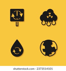Set Recycle symbol, Earth globe, clean aqua and Acid rain radioactive cloud icon with long shadow. Vector