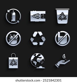 Set Recycle symbol, Earth globe and plant, Sprout in hand of environmental protection, Say no to plastic bags poster, Plastic with recycle, No trash, bin and Recycling bottle icon. Vector