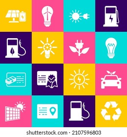 Set Recycle symbol, Eco car concept drive, Light bulb, Sun with electric plug, gear, Bio fuel fueling nozzle, Solar energy panel and battery and Electric saving leaf icon. Vector