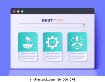 Set Recycle symbol and gear, Earth globe and leaf and Wind turbine icon. Vector