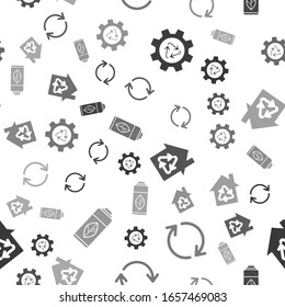 Coloque el símbolo y el engranaje de reciclaje, Actualizar, Eco House con el símbolo de reciclaje y Reciclar el frasco de plástico en un patrón sin fisuras. Vector