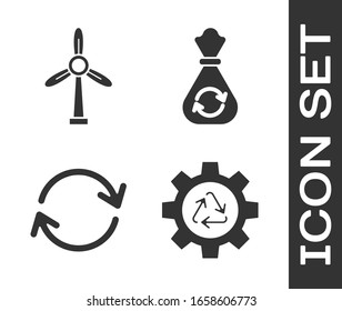 Set Recycle symbol and gear, Wind turbine, Refresh and Garbage bag with recycle icon. Vector