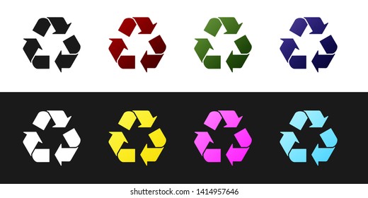 Set Recycle symbol icon isolated on black and white background. Circular arrow icon. Environment recyclable go green. Vector Illustration
