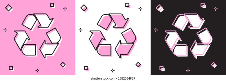 Set Recycle symbol icon isolated on pink and white, black background. Circular arrow icon. Environment recyclable go green.  Vector Illustration