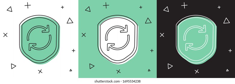 Set Recycle symbol inside shield icon isolated on white and green, black background. Eco protection sign.  Vector Illustration