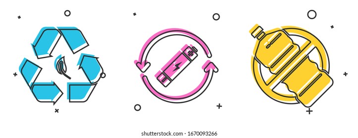 Coloque el símbolo de reciclaje y la hoja, la batería con la línea del símbolo de reciclaje y el icono Sin botella de plástico. Vector